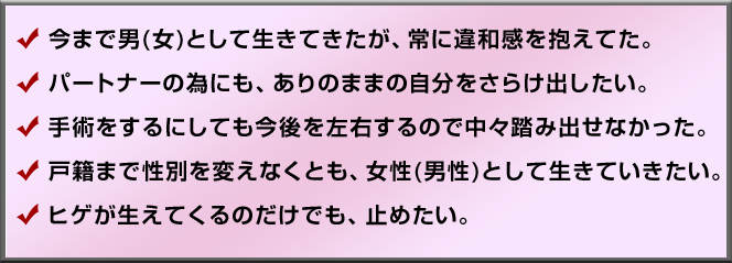 今まで男(女)として生きてきたが、常に違和感を抱えてた。パートナーの為にも、ありのままの自分をさらけ出したい。手術をするにしても今後を左右するので中々踏み出せなかった。戸籍まで性別を変えなくとも、女性(男性)として生きていきたい。ヒゲが生えてくるのだけでも、止めたい。　